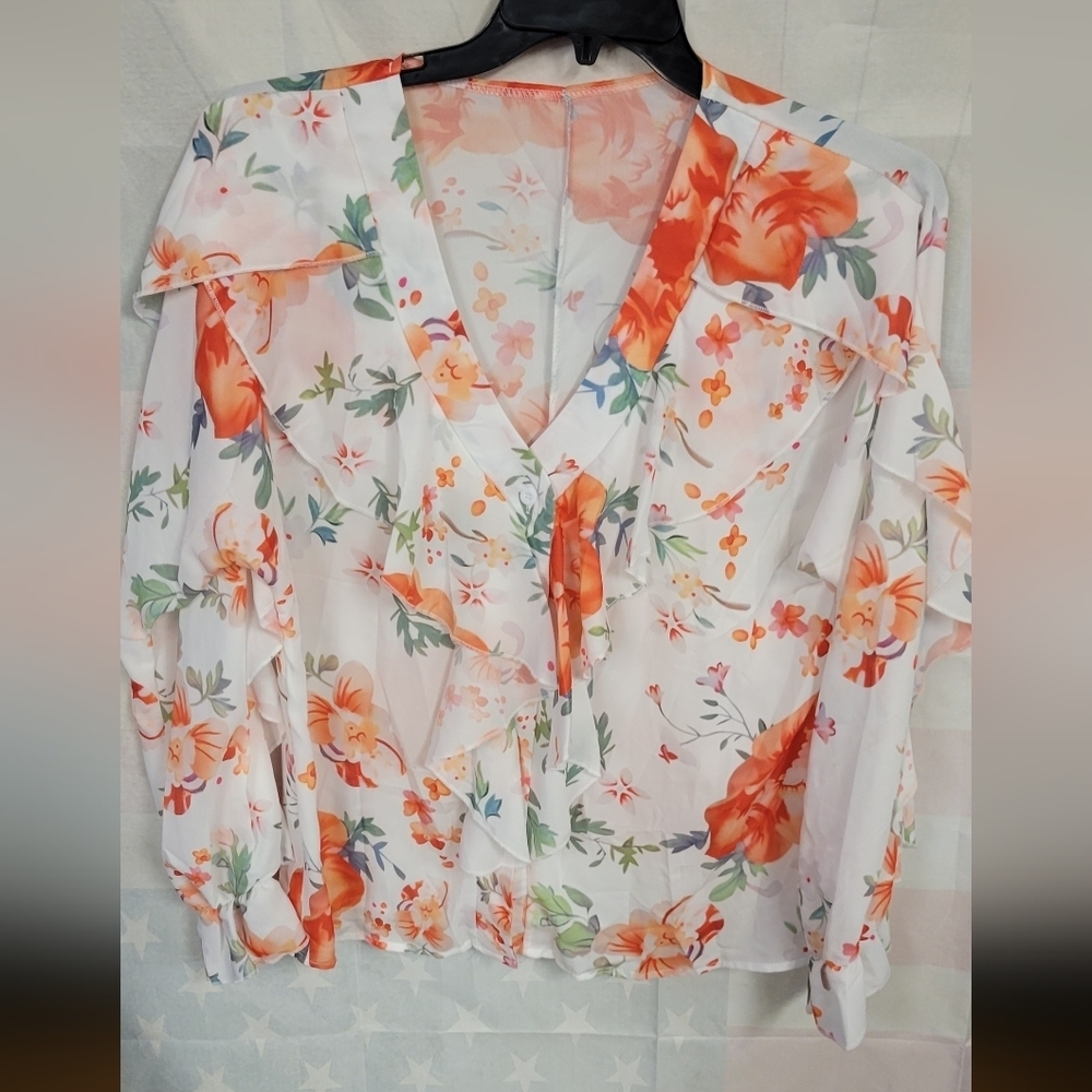 Floral Blouse Long Sleeve Ruffled Neck Sleeves & Front 2XL
